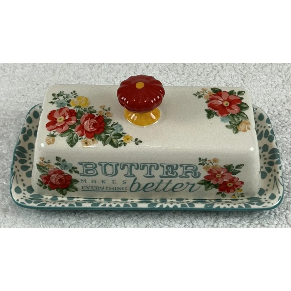 Pioneer Woman Single Stick Butter Dish Vintage Floral Stoneware Teal Red Ivory